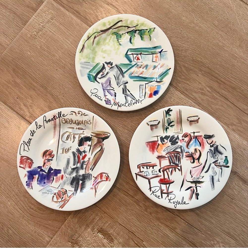 Set Of 3 Notre Dame Faiencerie De Gien, Joli Paris - Canape Or Bread Plates 6.5”